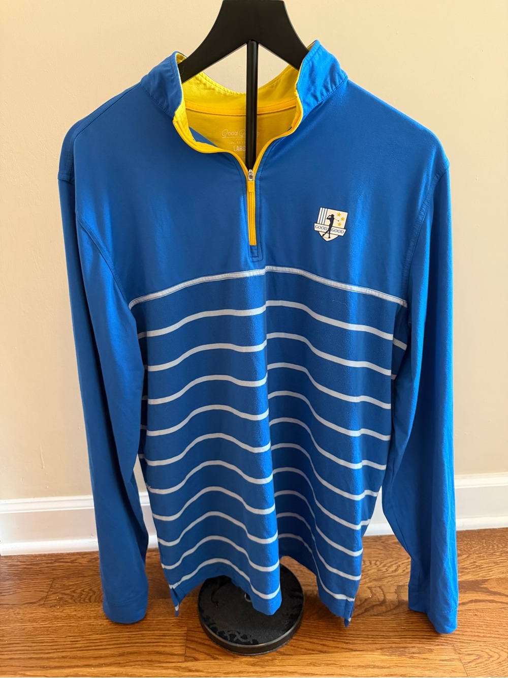 Men's Blue Good Good Golf Quarter-Zip Striped Performance Sweater